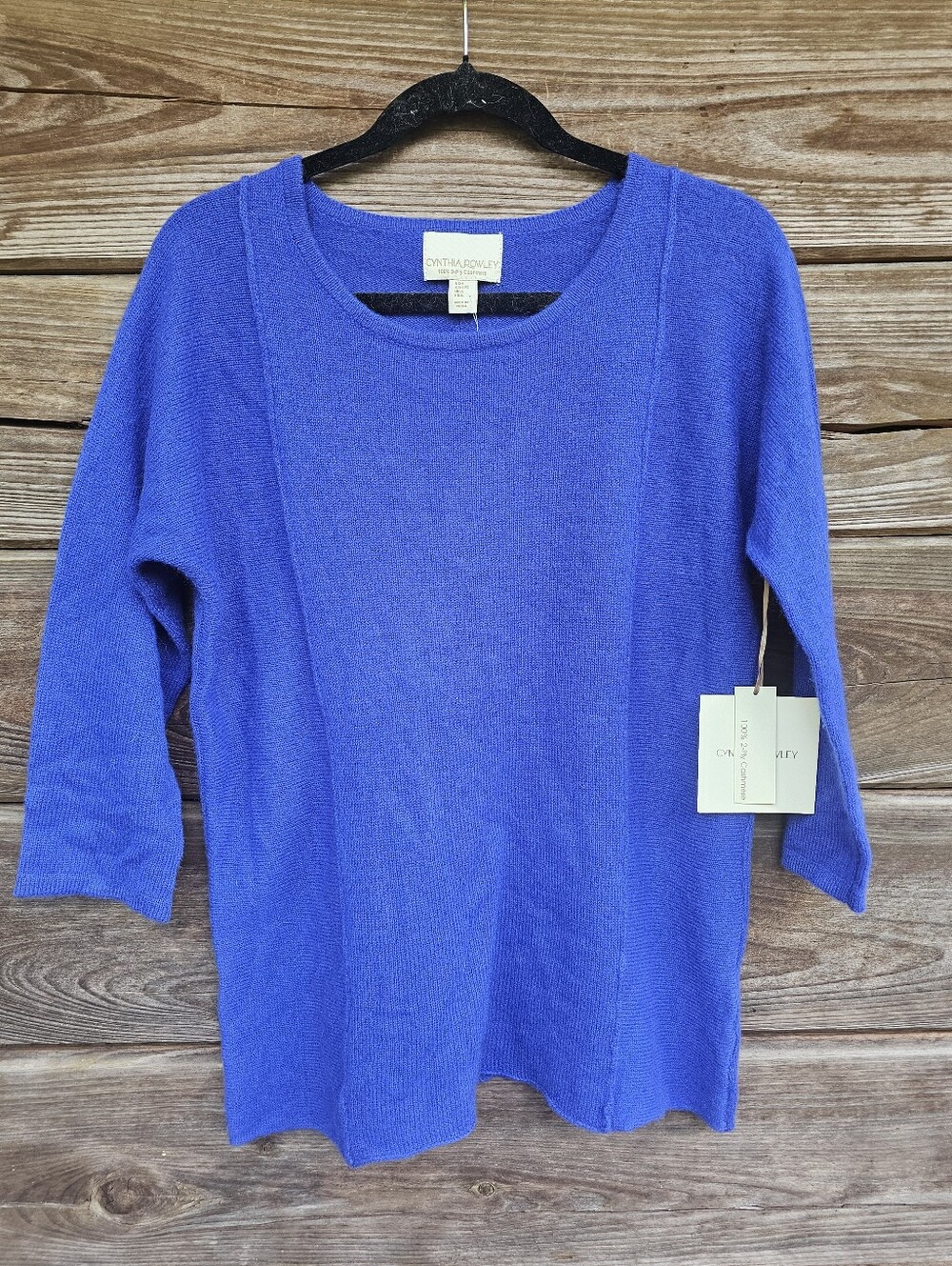 NWT Cynthia Rowley 100% 2-Ply Cashmere Sweater Blue 3/4 Sleeve Size Large